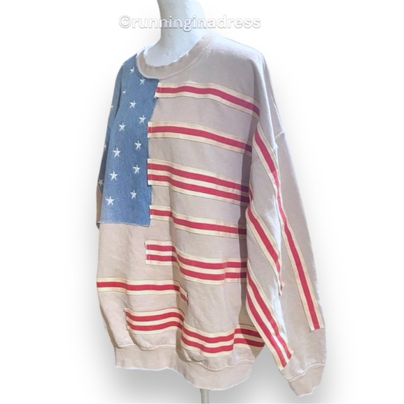 NWT Free People X Tricia Fix Stripes And Stars Pullover Size Large Tan Blue Red - Picture 4 of 15